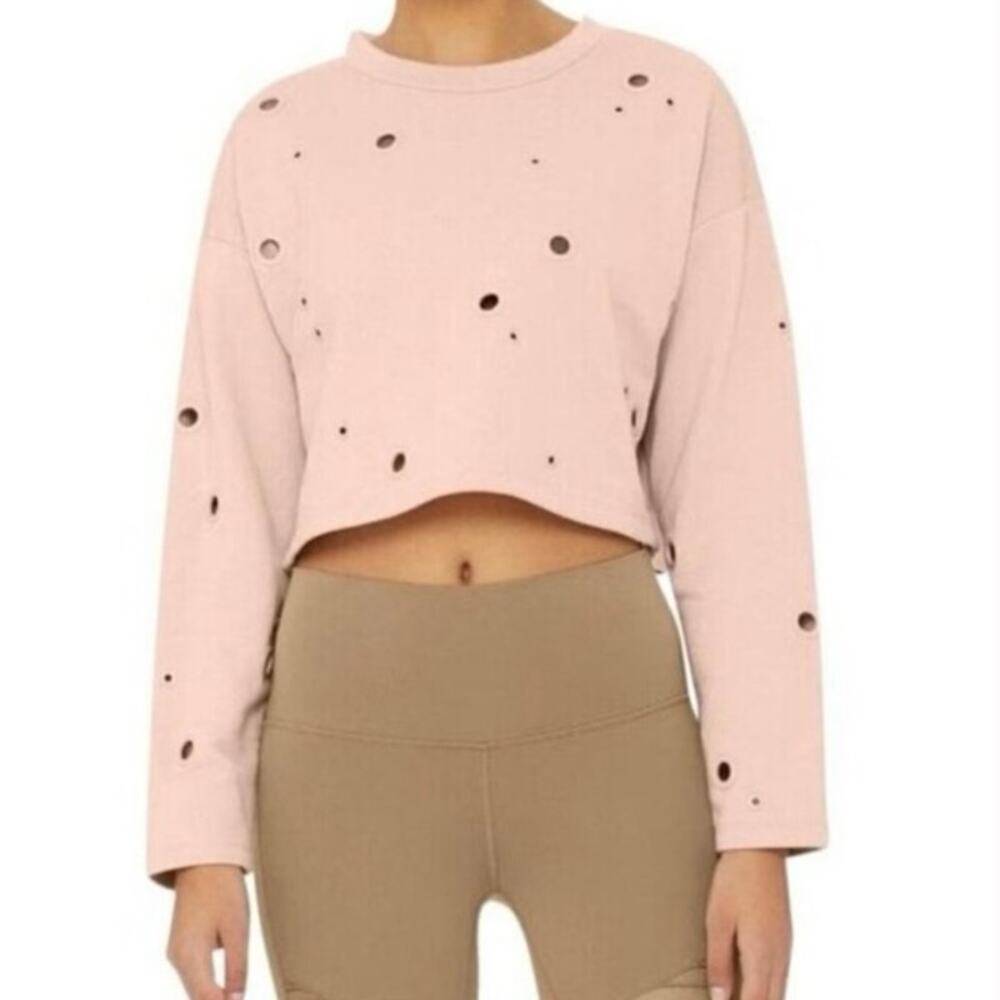 ALO YOGA Cadence Grommet Detail Cropped Pullover Sweatshirt Nude Pink Sz Large